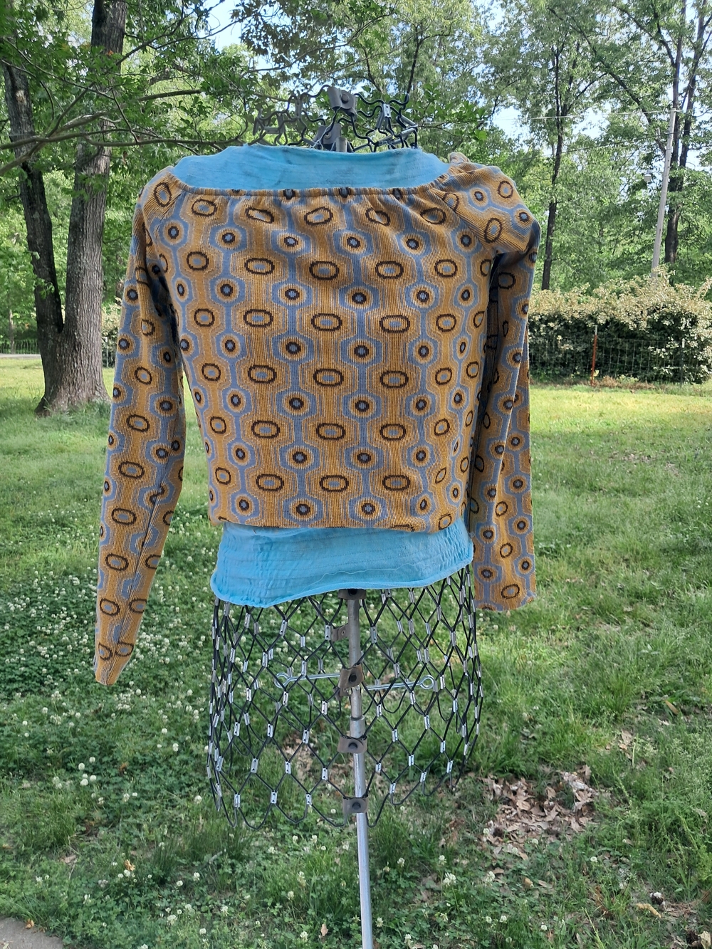 Zara Mustard and Blue Geometric Long-Sleeve Top